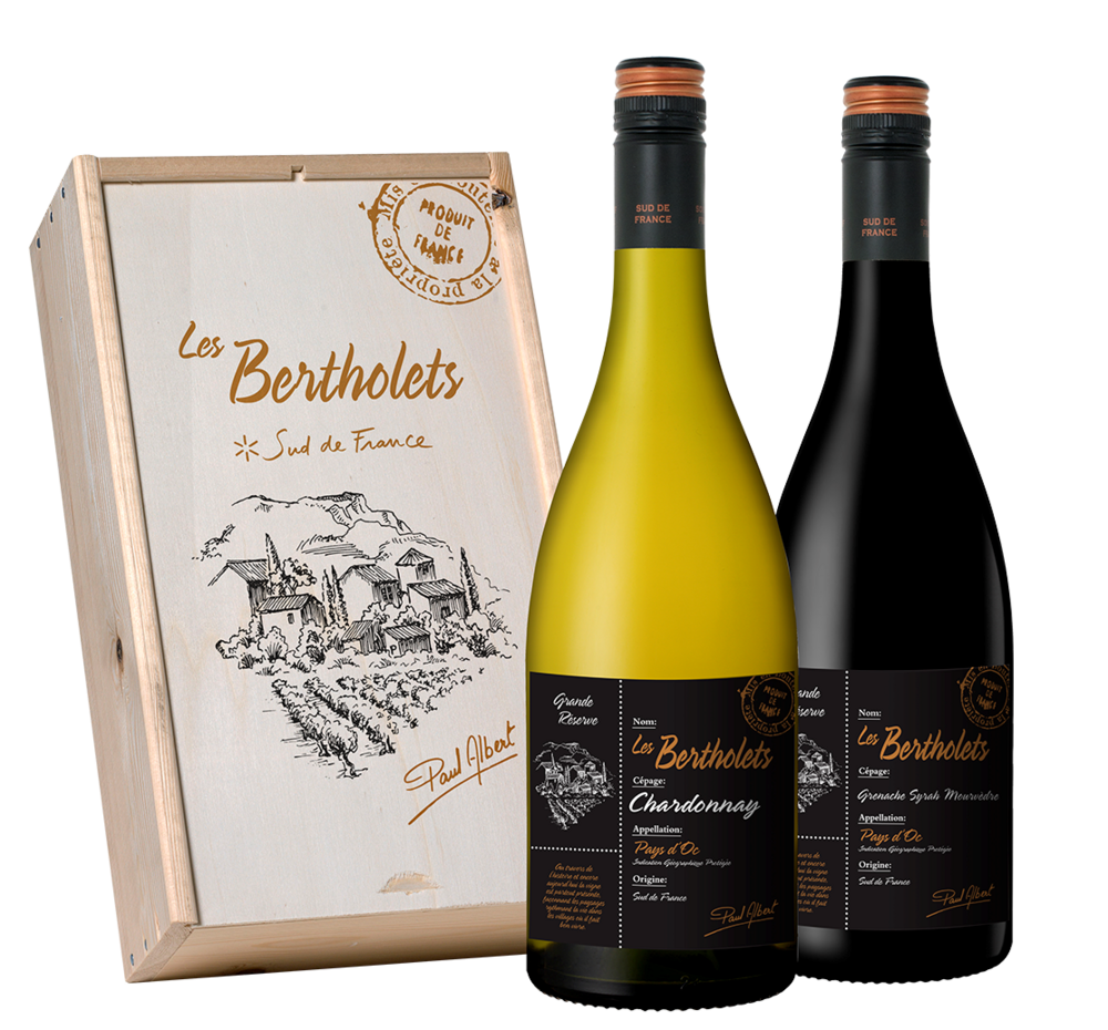Les Bertholets geschenk wijnkist grande reserve Chardonnay en gsm