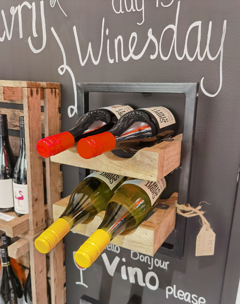 Wijnrek 4 fles zwart metaal mango hout