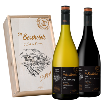 Les Bertholets geschenk wijnkist grande reserve Chardonnay en gsm
