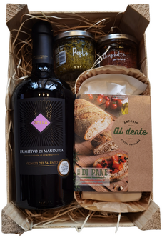 Geschenkverpakking Brood en wijn Italie Puglia Primitivo relatiegeschenk